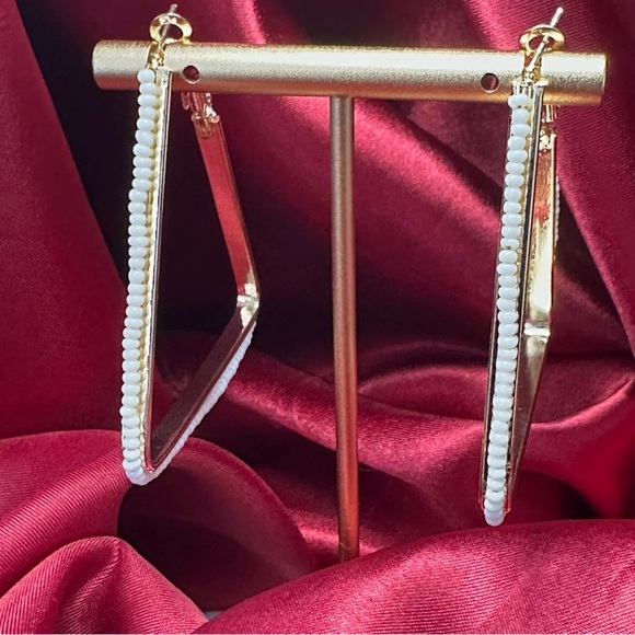 White Beaded Triangle Hoop Earrings | Bold Geometric Statement Jewelry | NWT - Picture 6 of 9